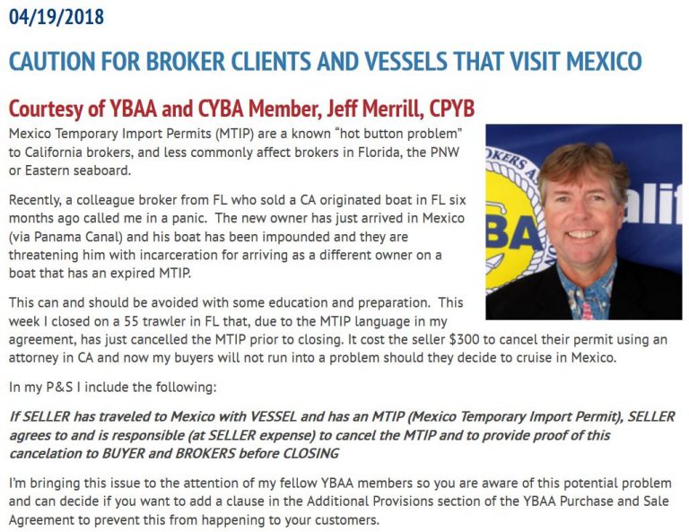 YBAA Jeff MTIP article regarding caution for broker clients and vessels that visit mexico